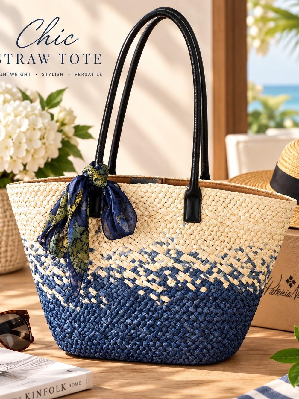 Patricia NashChic Two-Tone Straw Tote Bag - Navy and Natural